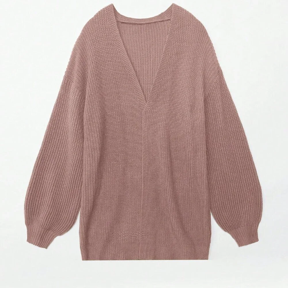 Pink Casual Women's Solid Color Lantern Sleeve Cardigan - Picture 4 of 8